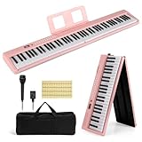 HONEY JOY 88-Tasten-Keyboard-Piano, volle Größe, halbgewichtet, zusammenklappbar, mit 1000 Klangfarben, 1000 Rhythmen, MIDI-USB, Mikrofon, Tragetasche, tragbares E-Piano für Anfänger (Rosa)