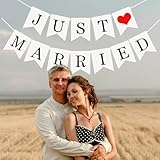 Just Married Girlande,Hochzeitsgirlande Just Married Banner Deko mit 5m Seil,Vintage Hochzeitsbanner für Hochzeit Fest Party Brautdusche,Frisch Verheiratet Wimpelkette,Einzelne Karte (Weiß) (Schwarz)