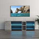 Mondeer TV Schrank, LED TV Lowboard Fernsehtisch mit 5 offenen Fächern und 1 Tür Geeignet, für Wohnzimmer Schlafzimmer, B140 x H45 x T37,5 cm, Schwarz und Grau