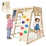 SPYLAVE Maxi Klettergerüst Indoor ab 1 Jahr, Klettergerüst Klappbar aus Holz, 10 in 1 Montessori Indoor Spielplatz mit Tafel, Schaukel, Rutsche, Kletterwand, Kletterausrüstung für Kinder, Natur