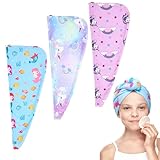 Xialvyu 3 Stück Kinder Haarturban Mikrofaser Handtuch mit Knopf Cartoon Turban Handtuch Schnelltrocknend Einhorn Meerjungfrau Herz Motiv geeignet für Mädchen und Damen
