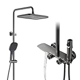 Duschsystem mit Thermostat 4-Funktions Duscharmatur Komplettset Messing Mischbatterie Duschset mit Regendusche Handbrause Bidet Sprayer Badewannenarmatur, Wandmontiert Duschgarnitur (Anthrazit Matt)