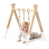 COSTWAY Baby Spielbogen Holz, Spieltrapez klappbar, Baby Gym mit 3 abnehmbaren Kinderspielzeugen, Spieltrapez für Babys über 3 Monate, Holzspielzeug zur Gehirnentwicklung (Weiß)