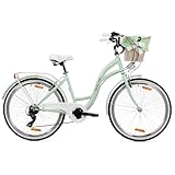Goetze Mood 26 Zoll Damen Citybike, 17 Zoll Tiefeinsteiger Rahmen, 6-Gang Kettenschaltung, V-Bremse, LED-Beleuchtung, Gepäckträger, Komfortsattel, Schutzbleche, Rattankorb mit Stoffeinsatz!