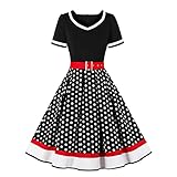 Rockabilly Kleider Damen 50er Jahre Petticoat Kleid Vintage Audrey Hepburn Kurzarm V-Ausschnitt Polka Dot Swing Coctailkleid Hochzeit Gast Festlich Knielang Sommerkleid Abendkleid Schwarz M