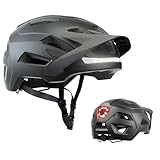 Fahrradhelm für Erwachsene mit wiederaufladbaren USB-LED-Front- und Rücklichtern, Mountainbike- und Rennradhelm für Männer und Frauen mit Verstellbarer Hutkrempe (Black, L)
