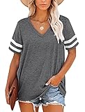 MOLERANI Damen T Shirts Kurzarm V-Ausschnitt Gestreifte Sommer Tops Casual Lose T-Shirt Grau XL