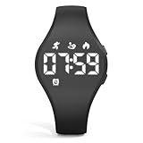 Focwony Digitale Fitness-Tracker-Uhr für Kinder mit LED-Anzeige, für 5–15 Jahre, wasserdichte Armbanduhr ohne App, mit Schrittzähler, Wecker, für Kinder, Jungen, Mädchen, Teenager (Schwarz)