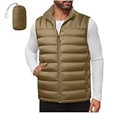 Generisch Daunenweste Herren ärmellose Weste Warm Arbeitsweste Winter Outdoor Steppweste Westen mit Taschen Winterweste mit Reißverschluss Stehkragen Freizeitweste Herrenwesten Winter Khaki L