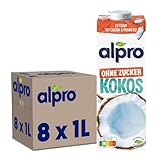 Alpro Kokosnussdrink ohne Zucker – Ohne Süßstoffe – Vegan und milchfrei – Von Natur aus laktosefrei und fettarm – Reich an Calcium und Vitaminen – 8 x 1 L