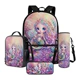 Poceacles Schulrucksack-Set für Mädchen und Jungen, 4-teiliges Set für 35,6 cm (14 Zoll) Laptop, isolierte Lunchtasche, Federmäppchen, Flaschentasche für Studenten, Meerjungfrau, Perle, Korallenriff
