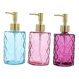NIYANGLE 3 Stück Glas Lotion Pumpspender mit Handpumpe Nachfüllbare Pressflaschen für Shampoo Duschgel Bad Tragbare Seifenspender in Blau Violett für Reise und Zuhause