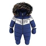 BRONG Winter Baby Jungen Schneeanzug Kapuze Strampelanzug Kleinkind Mädchen Fleece Strampler Füßlinge Oberbekleidung Reißverschluss Mantel Outfits mit Handschuhen Blau 12-18 Monate