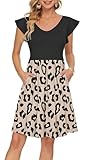 PLOKNRD Sommerkleid Damen V-Ausschnitt Midi Kleider mit Taschen Knielang Blütenblättern Kurzarm Freizeit Strandkleider Beige Leopard XL