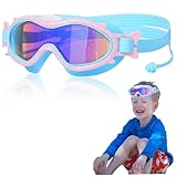 AZIDWERYQ Kinder Schwimmbrillen, wasserdichte Anti-Fog-Anti-UV-Weitansicht Schwimmbrillen mit Ohrstöpseln, verstellbares Riemen für Jungen Mädchen Schwimmen