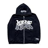 Damen Herren Jacke Zip Up Hoodies Goth Letter Graphics Oversized Sweatshirt Vintage Kapuzenjacke Sweatjacke mit Kapuze 90er Jahre E Girl Top Casual Hoodies Frauen, Schwarz , XXL