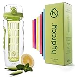 Hydracy Trinkflasche für Fruchtschorlen 1L - Sport Wasserflasche Bpa Frei mit Zeitmarke und Langem Infuser - Detox Sportflasche + 27 Köstlichen Rezepten Aufgegossenes Wasser eBook Geschenk - Zitrone