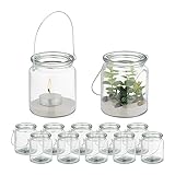 Relaxdays Windlicht Glas, 12er Set, Teelichthalter mit Henkel, HxD: 9,5 x 8 cm, runde Kerzengläser, transparent/Silber