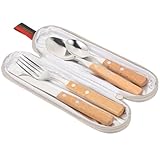 Hemobllo Edelstahl Besteckset mit Holzgriff 4 Stück Wiederverwendbares Campingbesteck für Outdoor Picknick und Wandern Spülmaschinenfest Korrosionsbeständig