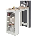 Bartisch in weiss mit Tischplatte in Eiche Sonoma und seitlichem Regal
