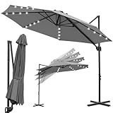 Vkechh Sonnenschirm Rechteckig Ø 300 cm, Ampelschirm Gartenschirm mit Kurbel, UV-Schutz, Wasserdicht, Balkonschirm Höhenverstellbar und Knickfunktion, Kurbelschirm mit LED, 360° Drehbar, Grau
