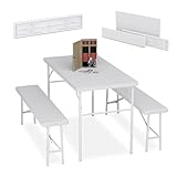 Relaxdays Bierzeltgarnitur klappbar, 3-TLG. Bierbank Set mit großem Tisch, Garten, Festzeltgarnitur, Rattanoptik, weiß