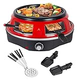 Todeco 3-in-1 Elektrischer Pizzaofen, 1200 Watt, Pizzabackofen für 6 Personen mit 6 Pizzaschaufeln, 6 Käsepfanne, Grillplatte, für Mini-Pizza in Ø 10cm, Grillen und Pfannkuchen, Rot