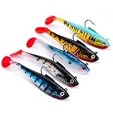 Fhioevt 5 Stück Angelköder Set Gummifisch mit Jigkopf Kunstköder Gummifische für Forelle Zander Barsch Gummiköder Paddelschwanz Angel-Jigs Kaöderfische für Süß und Salzwasser (11CM)