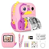 Kinderkamera Sofortbildkamera,Kinderkamera HD 1080P mit 4 Rollen Druckpapier&32G SD Karte，Lanyards and Bracelets, 2.4 Inch Screen Dual-Objektiv Kinder Kamera Selfie Digitalkamera (Rosa Dinosaurier)