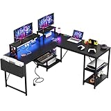 Flamaker Gaming Tisch l Form 140x140 cm - Eckschreibtisch mit RGB LED, Monitorständer & Ablagefach | 2 Steckdosen + 2 USB-Anschlüsse (Kohlefaser Schwarz)
