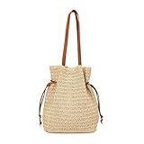 LYXYGMV Netz-Tragetasche Gewebte Korbtasche mit großem Fassungsvermögen for den Strand, Stricktasche aus Stroh, gewebte Einkaufstasche, Urlaubsreisehandtasche, Umhängetasche mit Kordelzug(White)