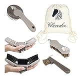 Chevalon Pferde Putzset | Flexible Kardätsche | Striegel/Massagebürste | 2in1 Hufkratzer mit Edelstahl-Pick | Mähnen- Pferdebürste | Hufbürste | Putztasche für Pferde Zubehör/Pferdeputzzeug Set