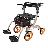 zxmeimm Rollator Faltbar und Leicht mit Sit,Rollatoren Schmal für Wohnung,Rollatoren für Senioren Klappbar mit Reifen für All Gelände, Rückenlehne und Griff Höhenverstellba Champagne-Withpedals