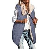 Flodxo Lange Pufferweste für Damen, Winter, lang, ärmellos, Fleece-Jacke, Reißverschluss, Daunenweste, warm, lässig, gepolsterte Weste, Weste mit Tasche, lange Steppjacke mit Kapuze, blau, XXL