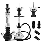 RMAN Shisha Set, 56cm Hookah Edelstahl Shisha Wasserpfeife mit Steinkopfset Silikonschlauch 18/8 Schliff Edelstahl Tauchrohr Kohlezange Silber