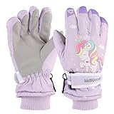 KAKU NANU Handschuhe Kinder Winter Fleece Skihandschuhe Wasserdicht Outdoor Snowboard Mädchen 6 7 8 9 10 Jahre Lila Schneehandschuhe Kinder Thermo Handschuhe