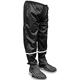 RainRider Regenhose für Damen/Herren (schwarz) wasserdicht inkl. einfaltbare Schuhüberzieher, Regenfeste Fahrradbekleidung geeignet zum Wandern, Angeln oder Gartenhose (Schwarz mit Reflektor L)