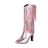 Glitzernde Western-Stiefeletten mit Blockabsatz Fransenquasten für Damen im eleganten Spitzen-Design