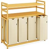 AdelDream Wäschekorb Wäschesortierer mit Regalen wäschesammler 4 Fächer 2 Ablagen Wäschebox Bambus Wäschesack ausziehbar und abnehmbar Laundry Basket 200L Beige