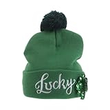 Beavorty Irische Bommelmütze mit Kleeblatt Stickerei Grüne Bestickte Strickmütze aus Weichem Garn Unisex St Patrick's Day Beanie für Damen und Herren