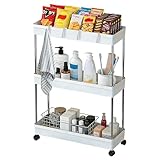 BUCOMTU Rollwagen mit 3 Ebenen, Schmaler Trolley Küchenwagen mit Rollen & 6 Haken, Schmales Regal 13 cm für Küche, Bad, Büro, Werkstatt, Wohnzimmer, Kosmetik, Servierwagen mit Rollen, Weiß