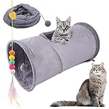 Faltbar Katzentunnel Katzenspielzeug mit Ball Spieltunnel Knisternder Rascheltunnel Aus Wildleder für Alle Katzen Kaninchen Welpen und Kleine Tiere, Mit Hängendem Lustiger Katzenstock (Grau)