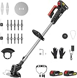 CONENTOOL 600W Akku Rasentrimmer Mit 2X 2000Ah Akku 21V Rasenkantenschneider Mit 4 Arten Von Schneidklingen, 8500rpm/min Freischneider Mit Hilfsgleitrad, Teleskopstab Motorsense (Silber)