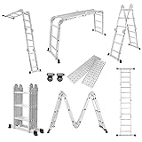 YRHome 6 in 1 Leiter Mehrzweckleiter Alu Gelenkleiter Klappleiter Steigleiter 340cm Multifunktionsleiter Aluleiter Kombileiter mit Plattformbis 150KG belastbar 4x3 Stufen Silber