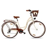 Goetze Mood 28 Zoll Damen Citybike, 18 Zoll Tiefeinsteiger Stahlrahmen, 7-Gang Kettenschaltung, doppelte V-Bremsen, LED-Beleuchtung, Rattankorb, Komfortsattel, mit Seitenständer & Klingel