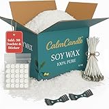 CalmCandle® 5 kg Premium Sojawachs inkl. 50 Dochte, 50 Klebesticker & 2 Dochthalter – 100% pflanzlich & weiß | 5kg Kerzenwachs zum Kerzen selber Machen | DIY Wachs zum Kerzen Gießen (5 kg)