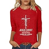 Damen-Oberteil mit Jesus-Kreuz, bedruckt, lässig, christliche Bluse, 3/4-Ärmel, T-Shirt, religiöse Blusen, A019-rot, XX-Large