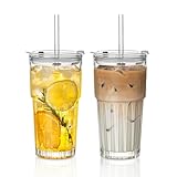 INSETLAN 200 ml Klarglasbecher & Trinkbecher Set mit Deckel & Strohhalmen – 2er-Pack, wiederverwendbare Trinkbecher für Eiskaffee, Smoothies, Tee, Saft, auslaufsicher, ideal für Zuhause und Outdoor