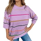 YOSUWOAI Damen Pullover Gestreift Langärmeli Strickpullover Lockere Passform Strick Swweater Feinstrick Pulli mit Rundhals Bequem Weich Unterhemd Oberteil Color Blocking Strickwaren