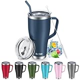 KETIEE Thermobecher mit Strohhalm 850ml- Kaffeebecher to go mit 2 Deckeln 30oz Edelstahl Isolierbecher mit Griff Autobecher Trinkbecher Tumbler Kaffeetasse für Heißer und Kalter Getränke,Marineblau